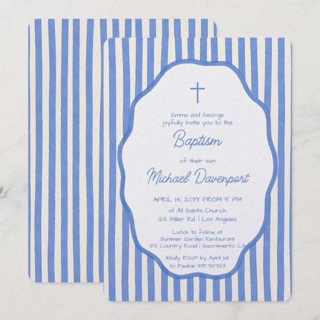 Invitación de bautizo con rayas azules elegantes (Anverso / Reverso)