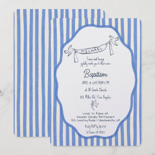Invitación de bautizo con rayas azules y palomas
