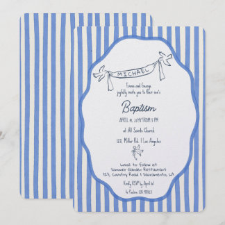 Invitación de bautizo con rayas azules y palomas