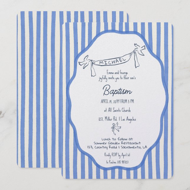 Invitación de bautizo con rayas azules y palomas (Anverso / Reverso)