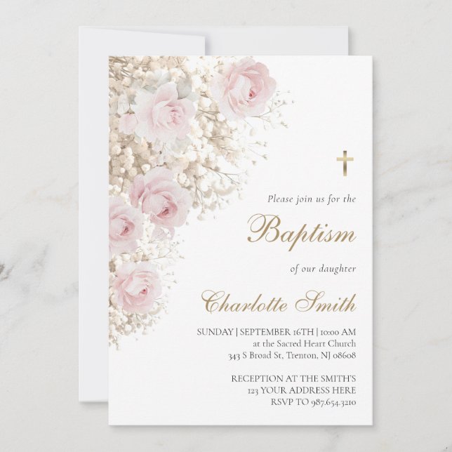 Invitación de Bautizo con rosas rosadas y aliento  (Anverso)