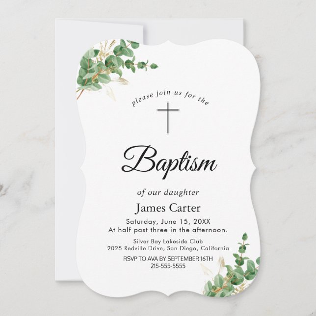 Invitación de Bautizo con Vegetación Lujuriosa y E (Anverso)
