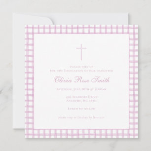 Invitación de bautizo/consagración de gingham rosa