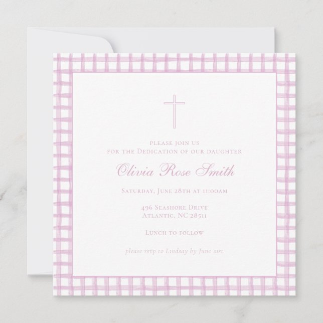 Invitación de bautizo/consagración de gingham rosa (Anverso)