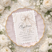 Invitación de Bautizo Coquette Beige con Lazo y Pe