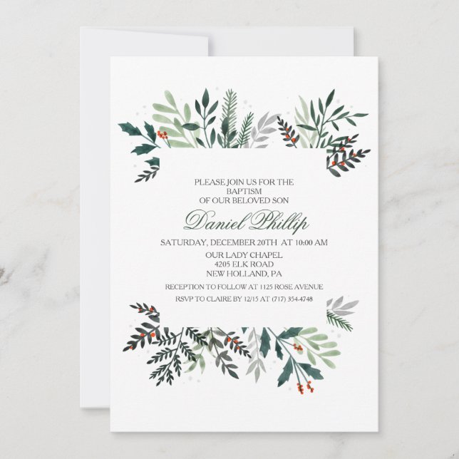 Invitación de Bautizo Corona de Acuarela de Invier (Anverso)