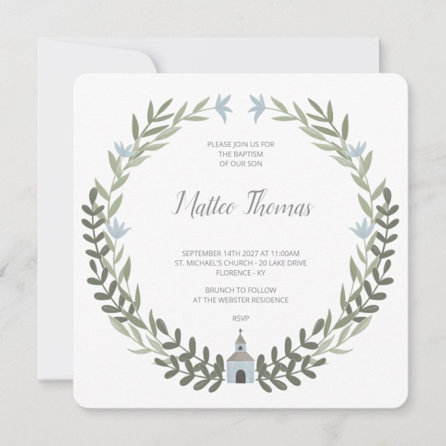 Invitación de Bautizo Corona Floral Azul (Anverso)