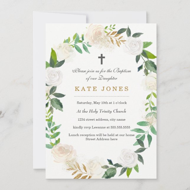 Invitación de Bautizo Corona Floral Dorada (Anverso)