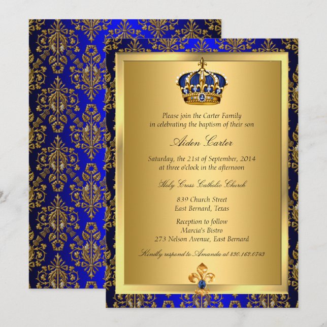Invitación de Bautizo Corona Real Azul Regio (Anverso / Reverso)