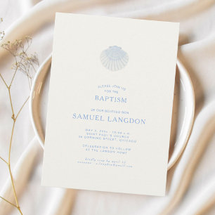Invitación de bautizo cristiana azul de concha cos