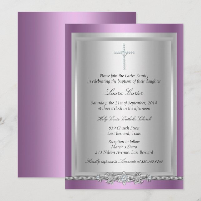 Invitación de bautizo/cristiana con cruz de joya (Anverso / Reverso)