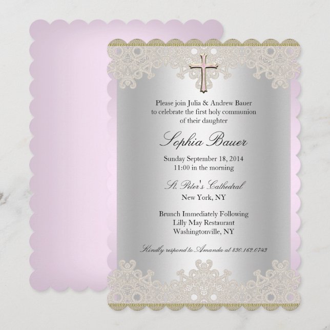 Invitación de Bautizo/Cristiana Pretty Lace & Cros (Anverso / Reverso)