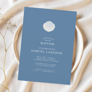 Invitación de bautizo cristiano azul de concha cos