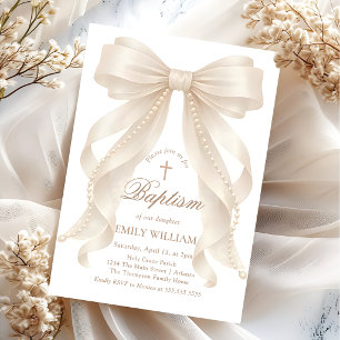 Invitación de bautizo cristiano de niña con lazo d