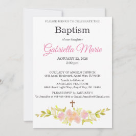 Invitación de Bautizo Cruz Acuarela Coral Rosado
