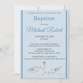 Invitación de Bautizo Cruz Acuarela Floral Raya Az