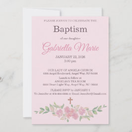 Invitación de Bautizo Cruz Acuarela Floral Rosa
