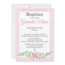 Invitación de Bautizo Cruz Acuarela Floral Rosa Bl