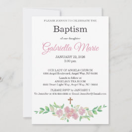 Invitación de Bautizo Cruz Acuarela Floral Rosa Po