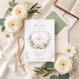 Invitación de Bautizo Cruz Aquarela Elegante