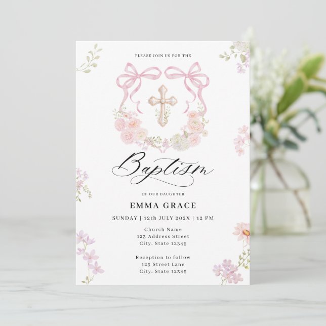 Invitación de Bautizo Cruz con Lazo de Corona Eleg (Anverso de pie)