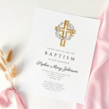 Invitación de Bautizo Cruz Corona Floral Elegante
