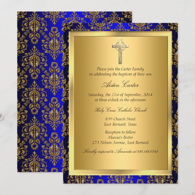 Invitación de Bautizo Cruz Damask Azul Real y Dora (Anverso / Reverso)