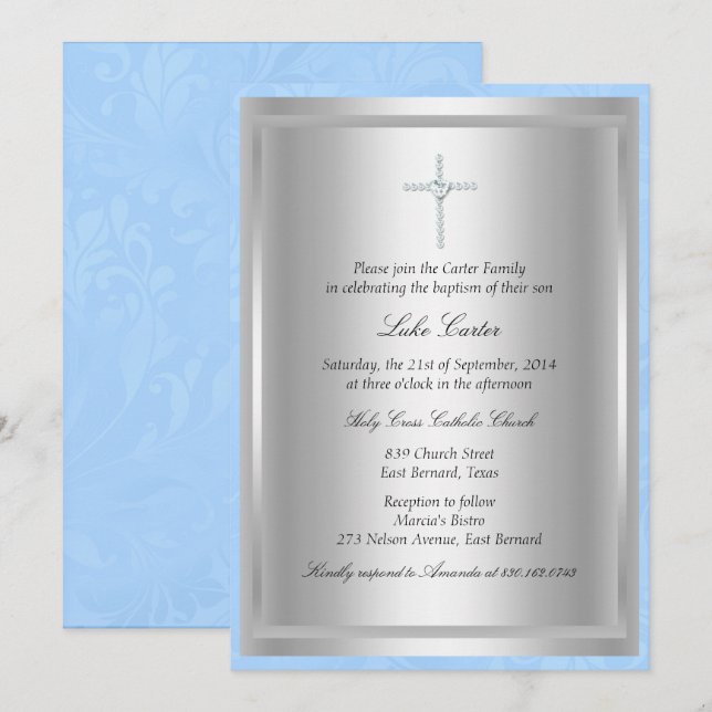 Invitación de bautizo Cruz de Diamante Azul (Anverso / Reverso)