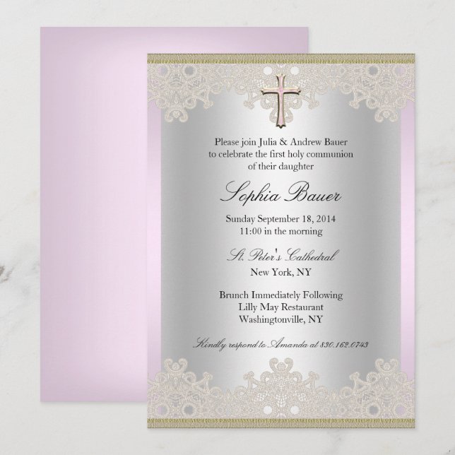 Invitación de Bautizo/Cruz de Encaje Bonito (Anverso / Reverso)