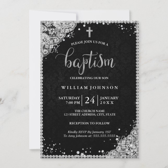 Invitación de Bautizo Cruz de Encaje con Diamantes (Anverso)