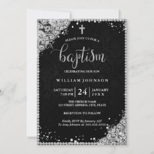 Invitación de Bautizo Cruz de Encaje con Diamantes