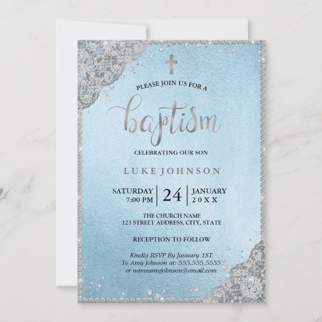 Invitación de Bautizo Cruz de Encaje de Diamante d (Anverso)