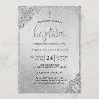 Invitación de Bautizo Cruz de Encaje de Diamante d