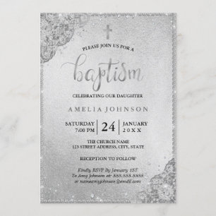 Invitación de Bautizo Cruz de Encaje de Diamante d