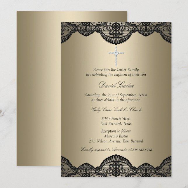 Invitación de Bautizo Cruz de Encaje Dorado Pretty (Anverso / Reverso)