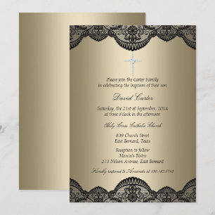 Invitación de Bautizo Cruz de Encaje Dorado Pretty
