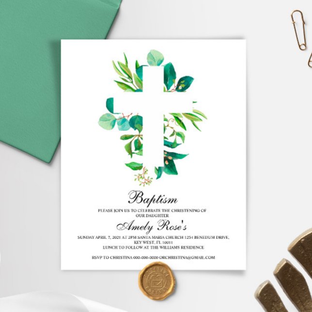 Invitación de Bautizo Cruz de Hojas de Eucalipto E (Subido por el creador)
