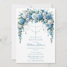 Invitación de Bautizo Cruz de Plata y Rosa Azul