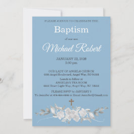 Invitación de Bautizo Cruz Floral Acuarela Azul Bl