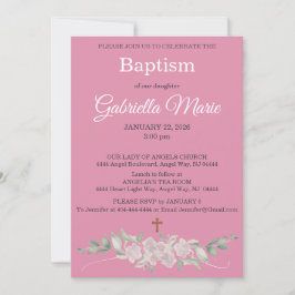 Invitación de Bautizo Cruz Floral Acuarela Rosa Bl