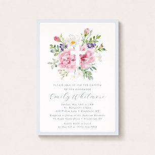 Invitación de Bautizo Cruz Floral Azul Claro y Ros