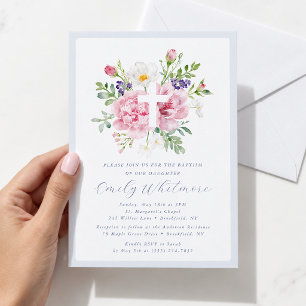 Invitación de Bautizo Cruz Floral Azul Claro y Ros