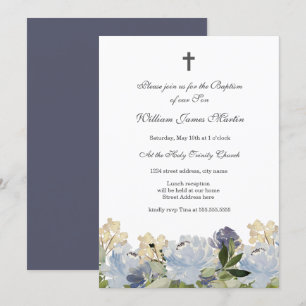 Invitación de bautizo cruz floral azul elegante