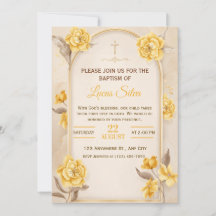 Invitación de Bautizo Cruz Floral Dorada Elegante
