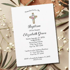Invitación de Bautizo Cruz Floral Rosa