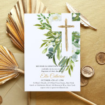 Invitación de Bautizo Cruz Floral Verde Dorado