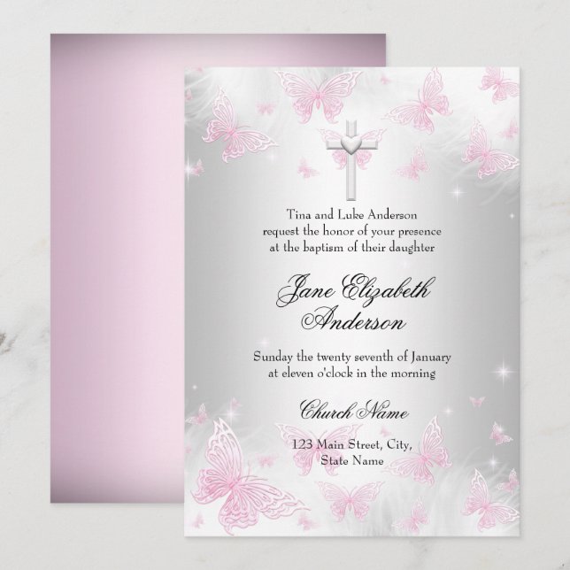 Invitación de Bautizo Cruz Mariposa Plateada Rosa (Anverso / Reverso)