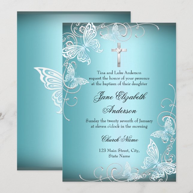 Invitación de Bautizo Cruz y Mariposa Azul Precios (Anverso / Reverso)