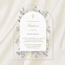 invitación de bautizo de acrílico de follaje azul