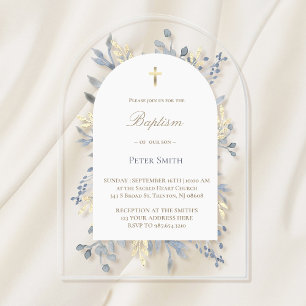 invitación de bautizo de acrílico de follaje azul